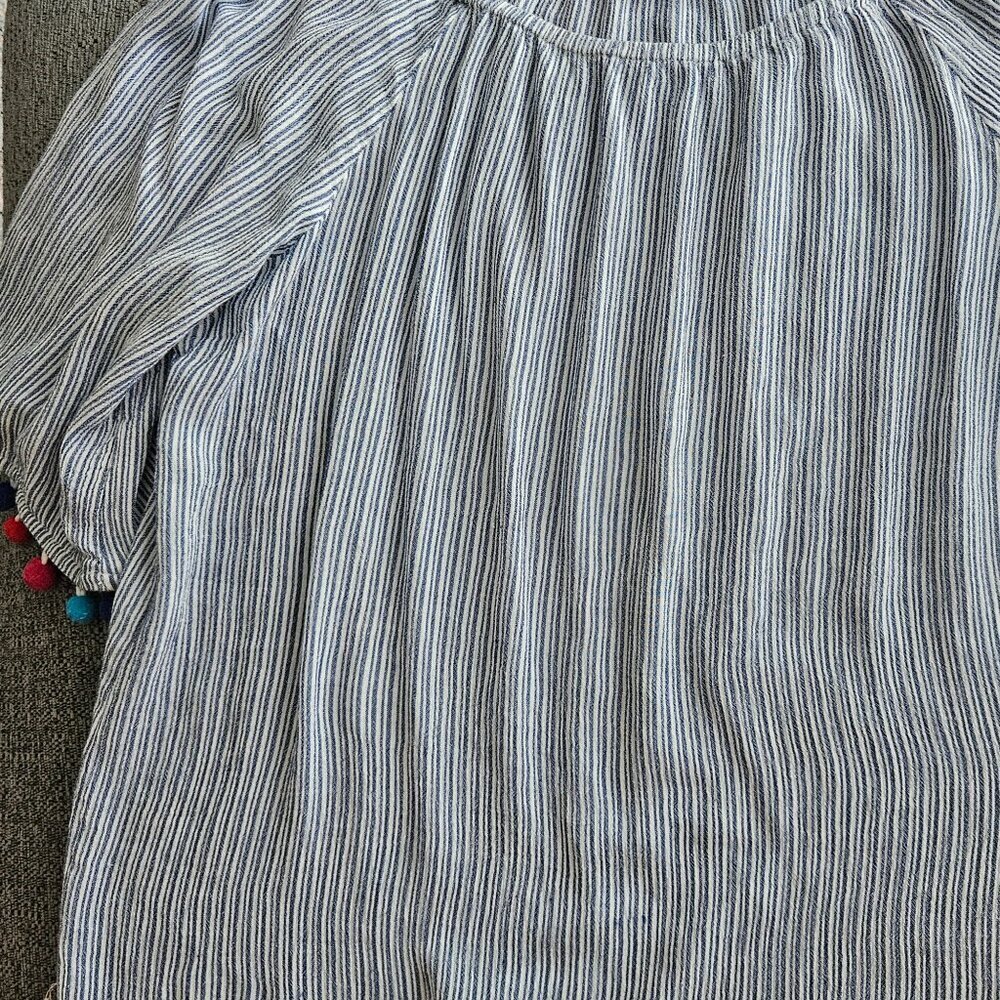 Striped Coastal Boho Nautical Pom Pom Blue White Oversize Blouse Tunic M - Picture 3 of 9